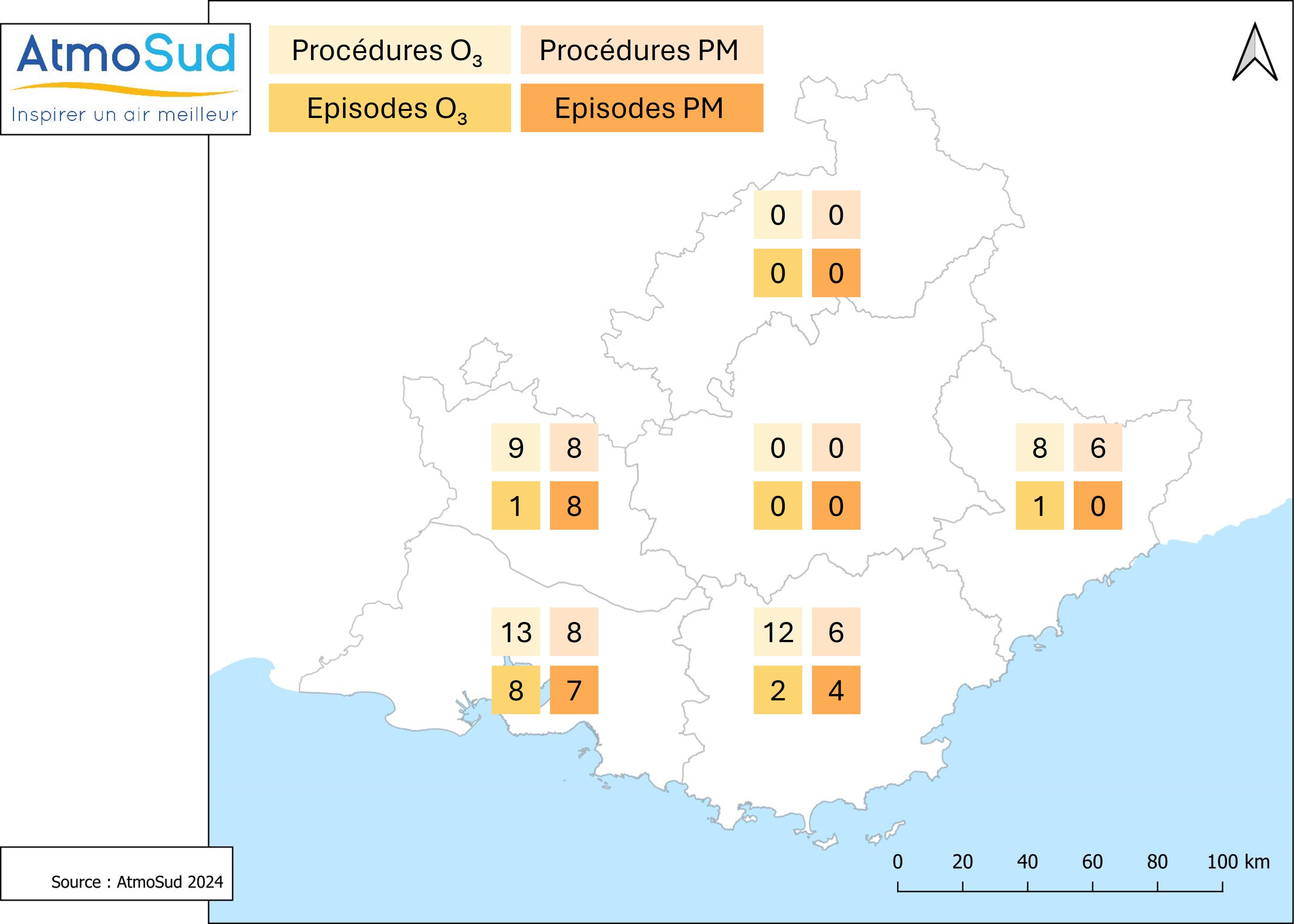 Carte des épisodes de pollution en 2022