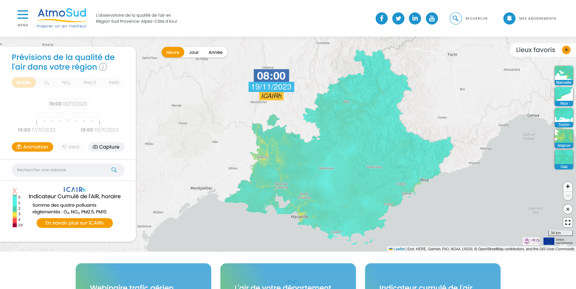 Page d'accueil du site institutionnel d'AtmoSud avec ICAIRh