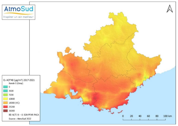 Concentrations d’ozone (AOT 40) dans la Région Sud Provence-Alpes-Côte d’Azur en 2021